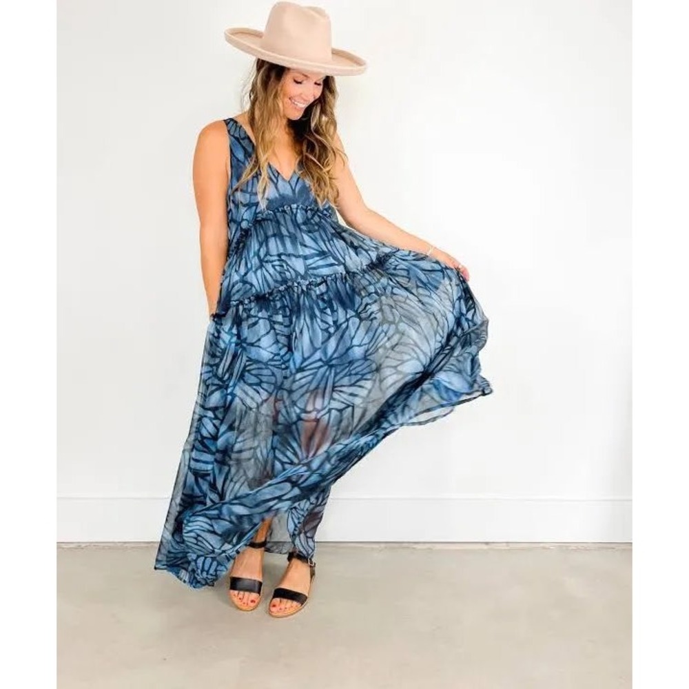 Free People Julianna Abstract Print Tiered Maxi Dress Blue Sleeveless Medium NWT